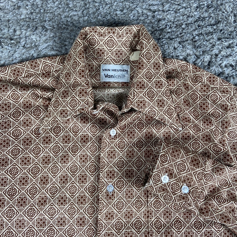 Vintage Van Heusen Vanknit Shirt Mens 14.5 32 Brown Geometric Long Sleeve 70s